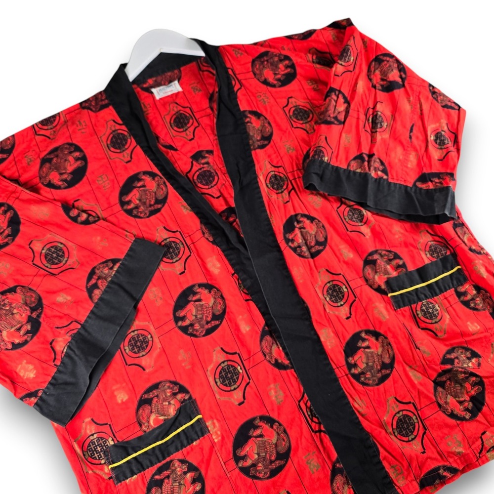 Pleetway Kimojama 1950s Mens Red Robe Balloon Seat Sanforized Horse Motif size D